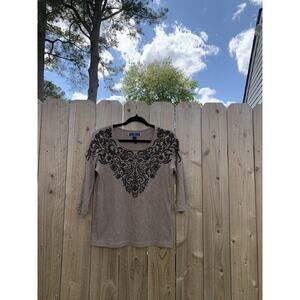 KAREN SCOTT petite medium Khaki‎ Beige Black Beads Pullover Sweater fairy top